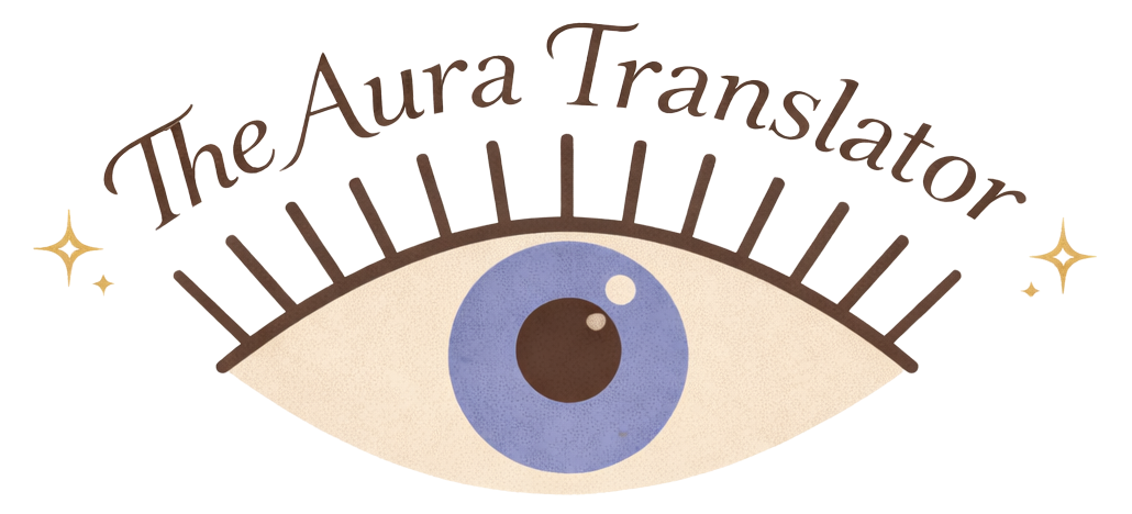 The Aura Translator logo featuring stylized eye with purple iris, brown eyelashes, and golden stars