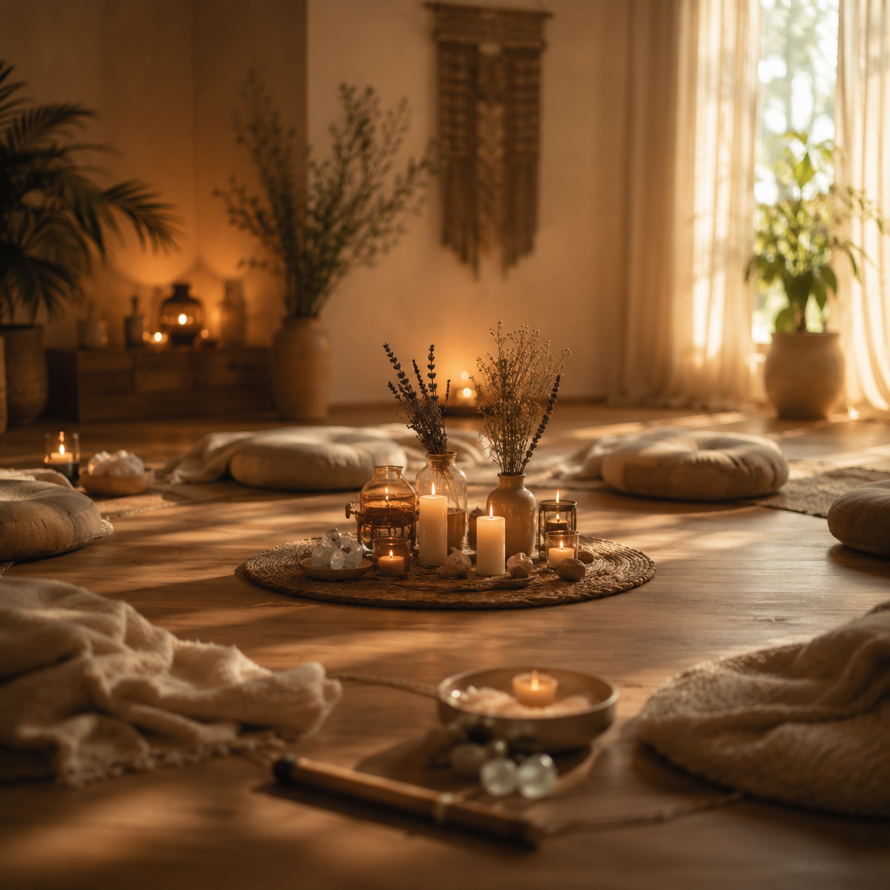 Serene meditation space with candles, dried lavender, cushions arranged in circle on wooden floor with warm natural light