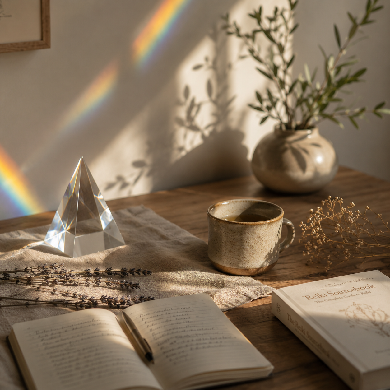 Crystal prism creating rainbow light reflections on wooden table with ceramic mug, open book, and dried botanicals
